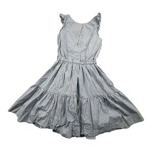 Polo‎ Ralph Lauren Girls Blue White Striped Cotton Dress Size 8 Ruffle Sleeve